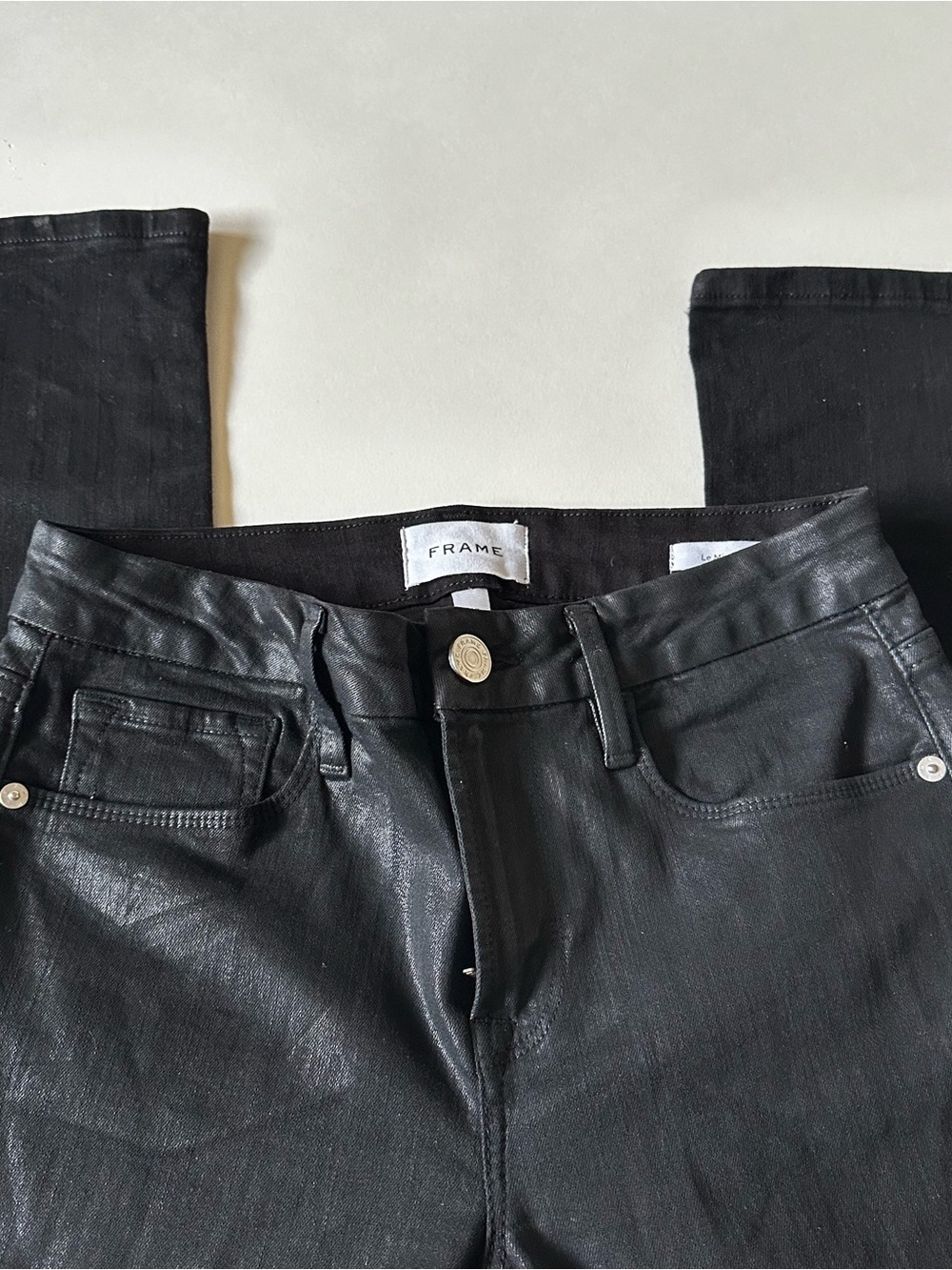 FRAME Le Mini Boot Coated Black Jeans Size 25 | Flare Bootcut Leather Look
